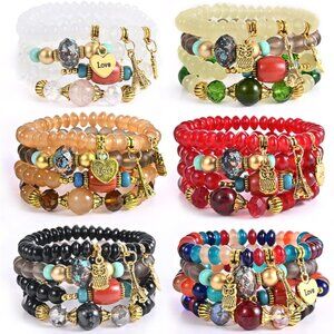Bohemian Bracelet Sets for Women - 6 Sets Stackable Stretch Bracelets Multi-colo